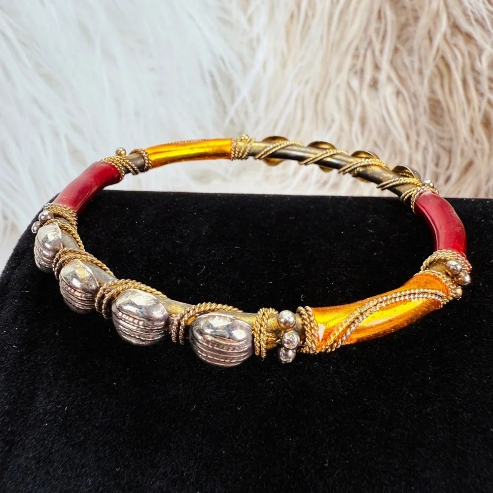 Vintage aged Goldtone and Red Bangle Bracelet
